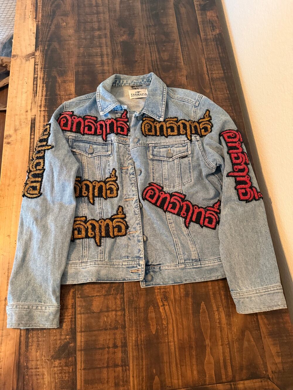 Tarmafia Bangkok Denim Jacket Beaded Thai Script Streetwear Blue Jean Jacket